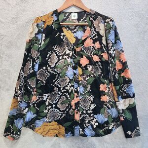 Cabi Womens Black Snake Charmer Floral Sheer Bishop Sleeve Blouse Size Medium